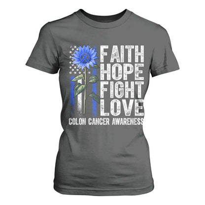 Colon Cancer Support T Shirt For Women Faith Hope Fight Love Sunflower USA Flag
