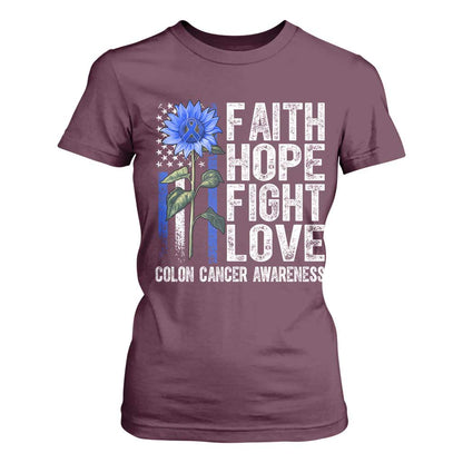 Colon Cancer Support T Shirt For Women Faith Hope Fight Love Sunflower USA Flag