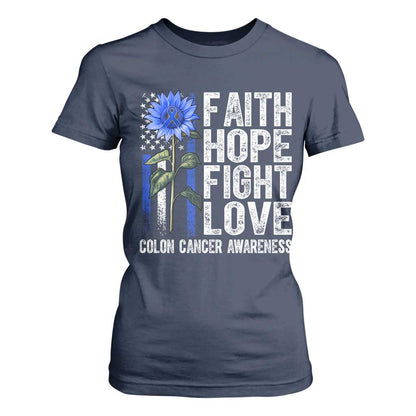 Colon Cancer Support T Shirt For Women Faith Hope Fight Love Sunflower USA Flag