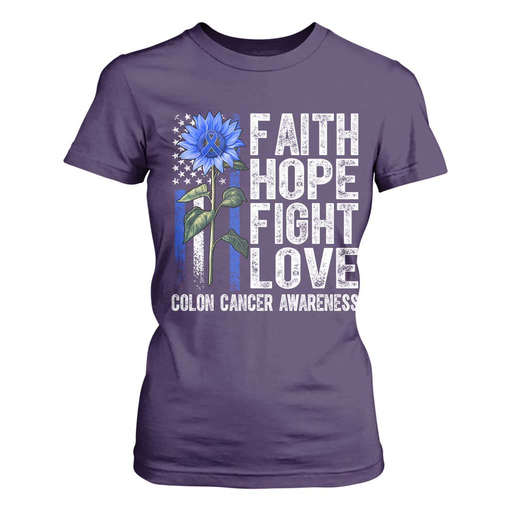 Colon Cancer Support T Shirt For Women Faith Hope Fight Love Sunflower USA Flag