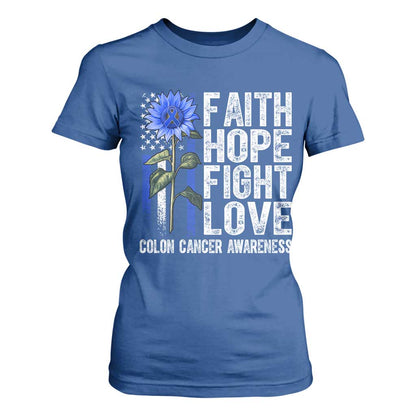 Colon Cancer Support T Shirt For Women Faith Hope Fight Love Sunflower USA Flag