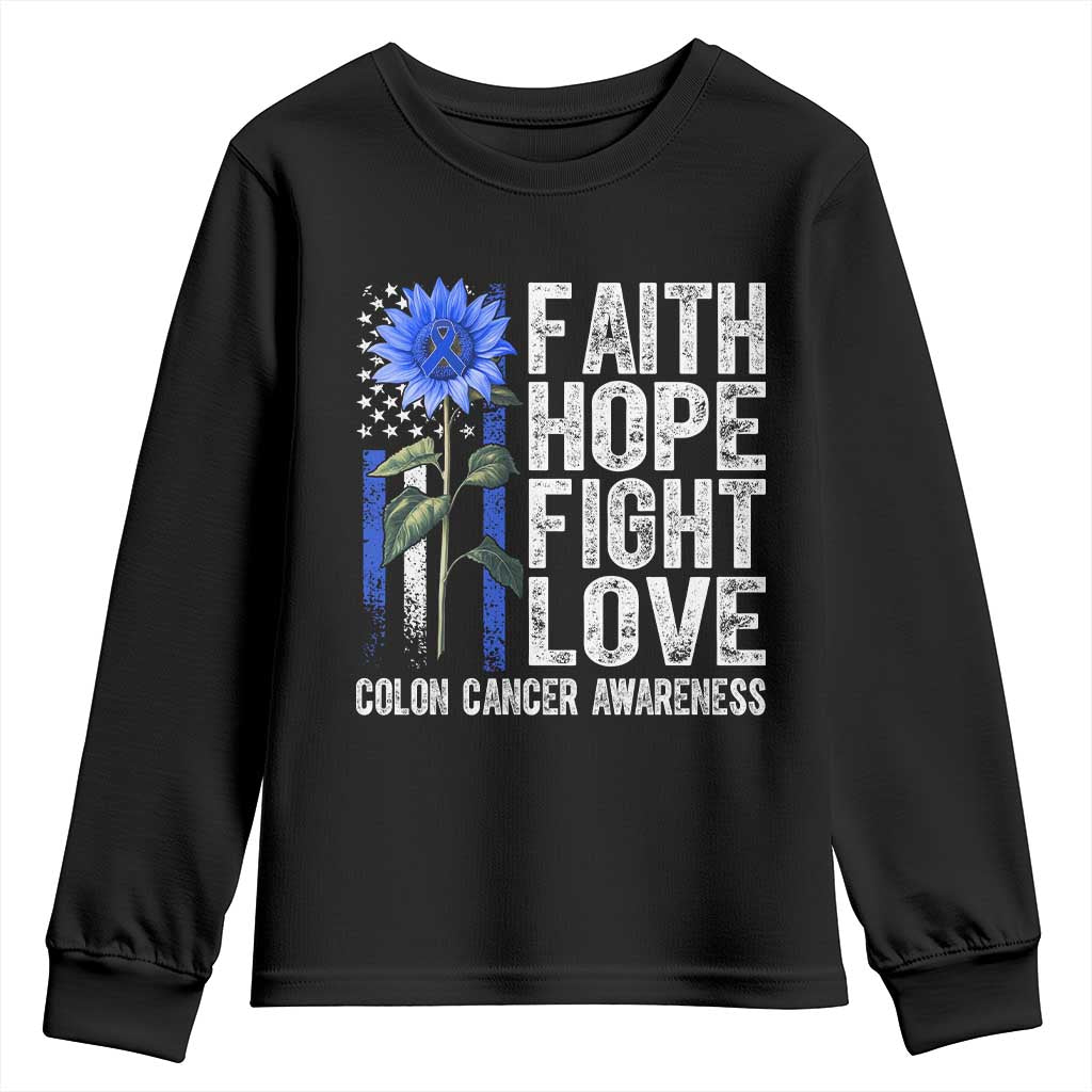 Colon Cancer Support Youth Sweatshirt Faith Hope Fight Love Sunflower USA Flag