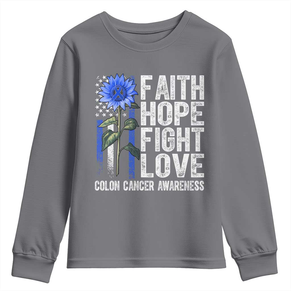 Colon Cancer Support Youth Sweatshirt Faith Hope Fight Love Sunflower USA Flag