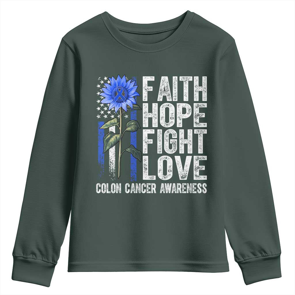 Colon Cancer Support Youth Sweatshirt Faith Hope Fight Love Sunflower USA Flag