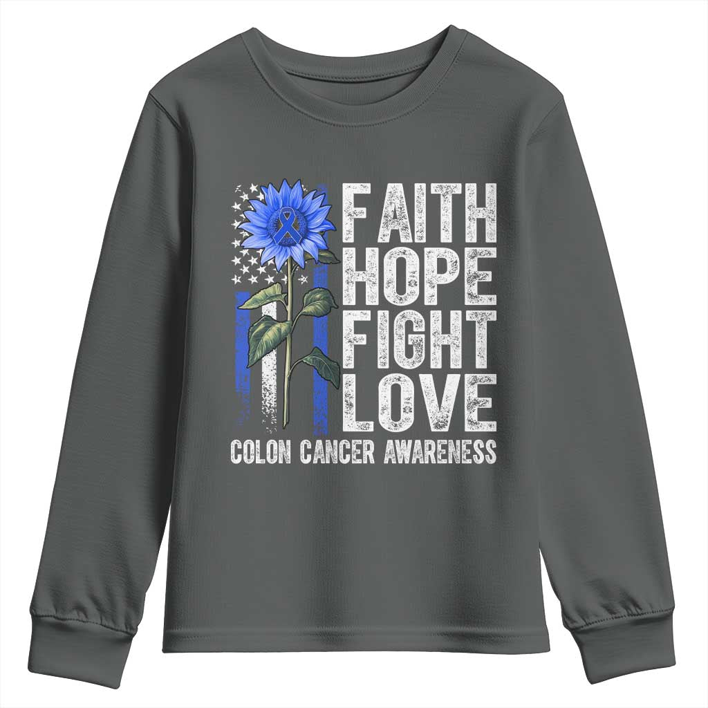 Colon Cancer Support Youth Sweatshirt Faith Hope Fight Love Sunflower USA Flag