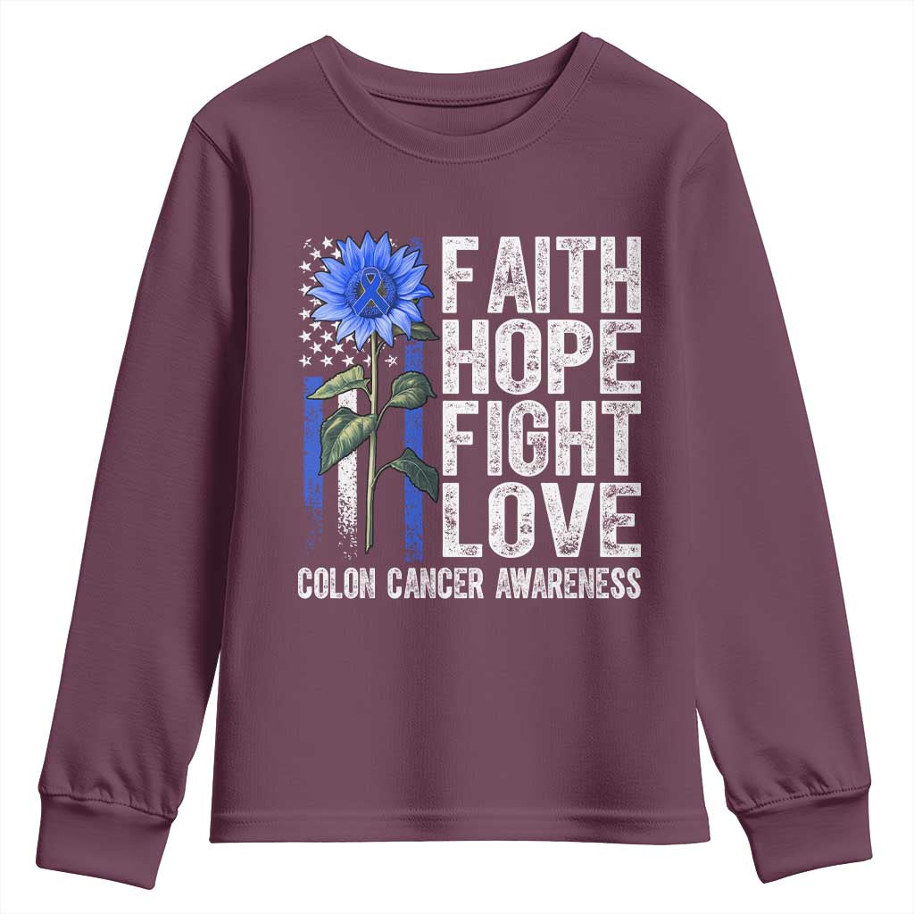 Colon Cancer Support Youth Sweatshirt Faith Hope Fight Love Sunflower USA Flag