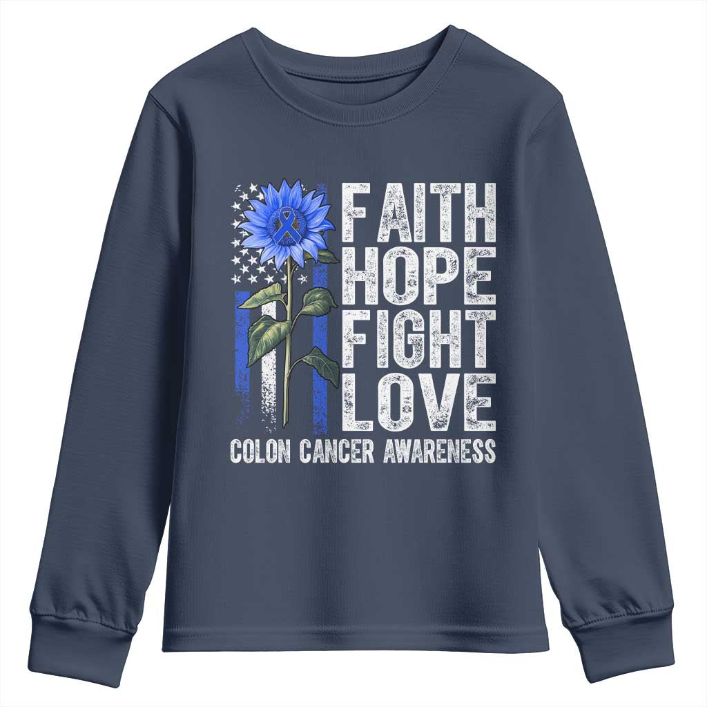 Colon Cancer Support Youth Sweatshirt Faith Hope Fight Love Sunflower USA Flag