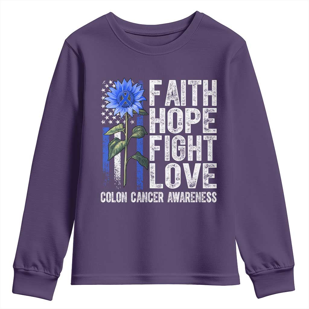 Colon Cancer Support Youth Sweatshirt Faith Hope Fight Love Sunflower USA Flag