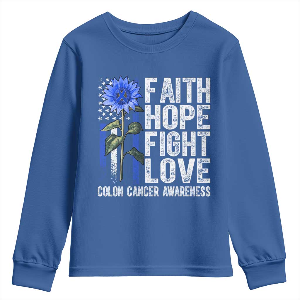 Colon Cancer Support Youth Sweatshirt Faith Hope Fight Love Sunflower USA Flag