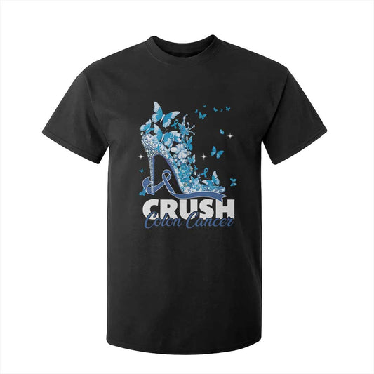 Crush Colon Cancer T Shirt For Kid Colorectal Cancer Support Bling Blue Ribbon High Heel