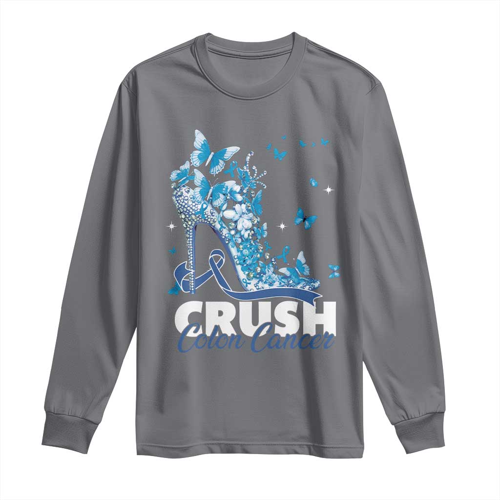 Crush Colon Cancer Long Sleeve Shirt Colorectal Cancer Support Bling Blue Ribbon High Heel