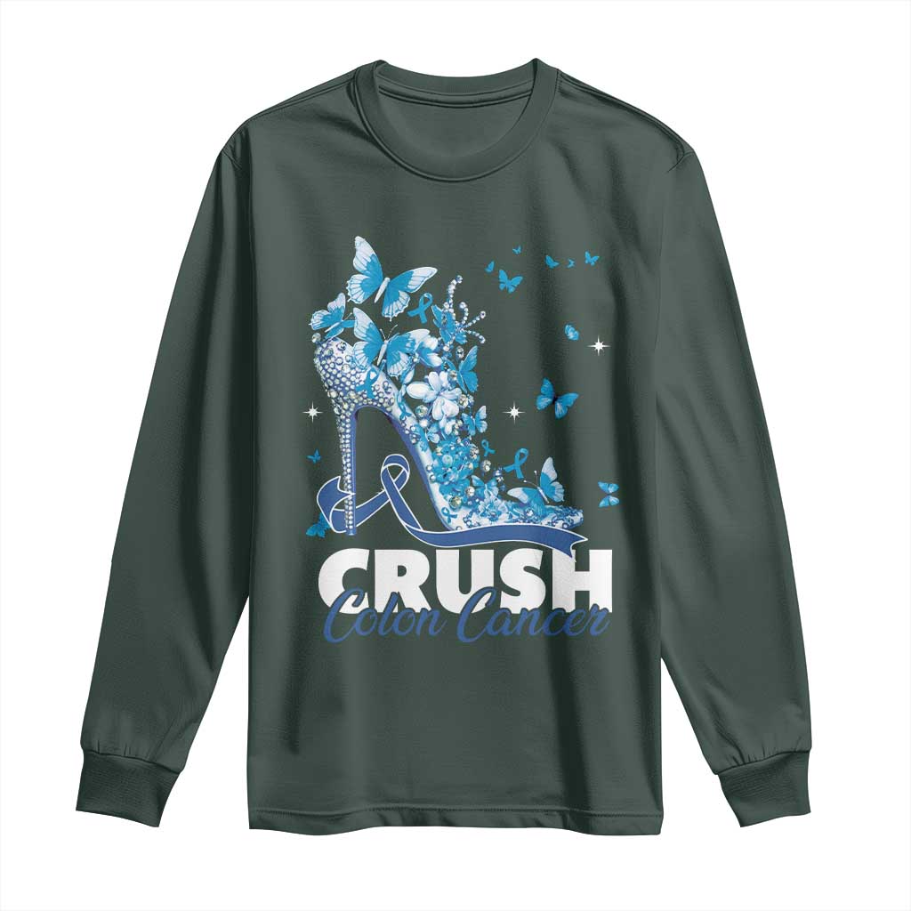 Crush Colon Cancer Long Sleeve Shirt Colorectal Cancer Support Bling Blue Ribbon High Heel