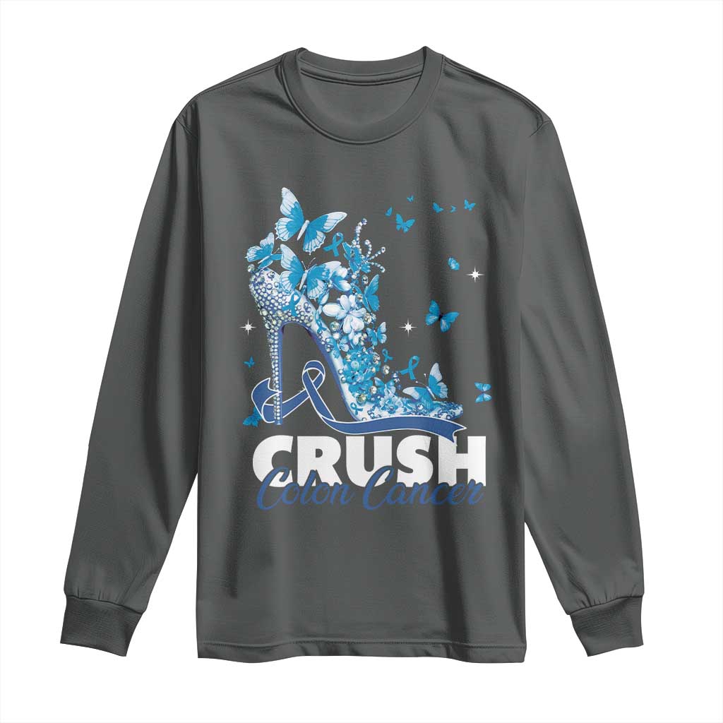 Crush Colon Cancer Long Sleeve Shirt Colorectal Cancer Support Bling Blue Ribbon High Heel