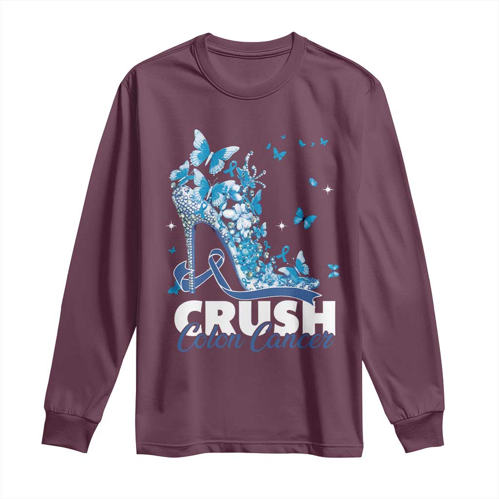 Crush Colon Cancer Long Sleeve Shirt Colorectal Cancer Support Bling Blue Ribbon High Heel
