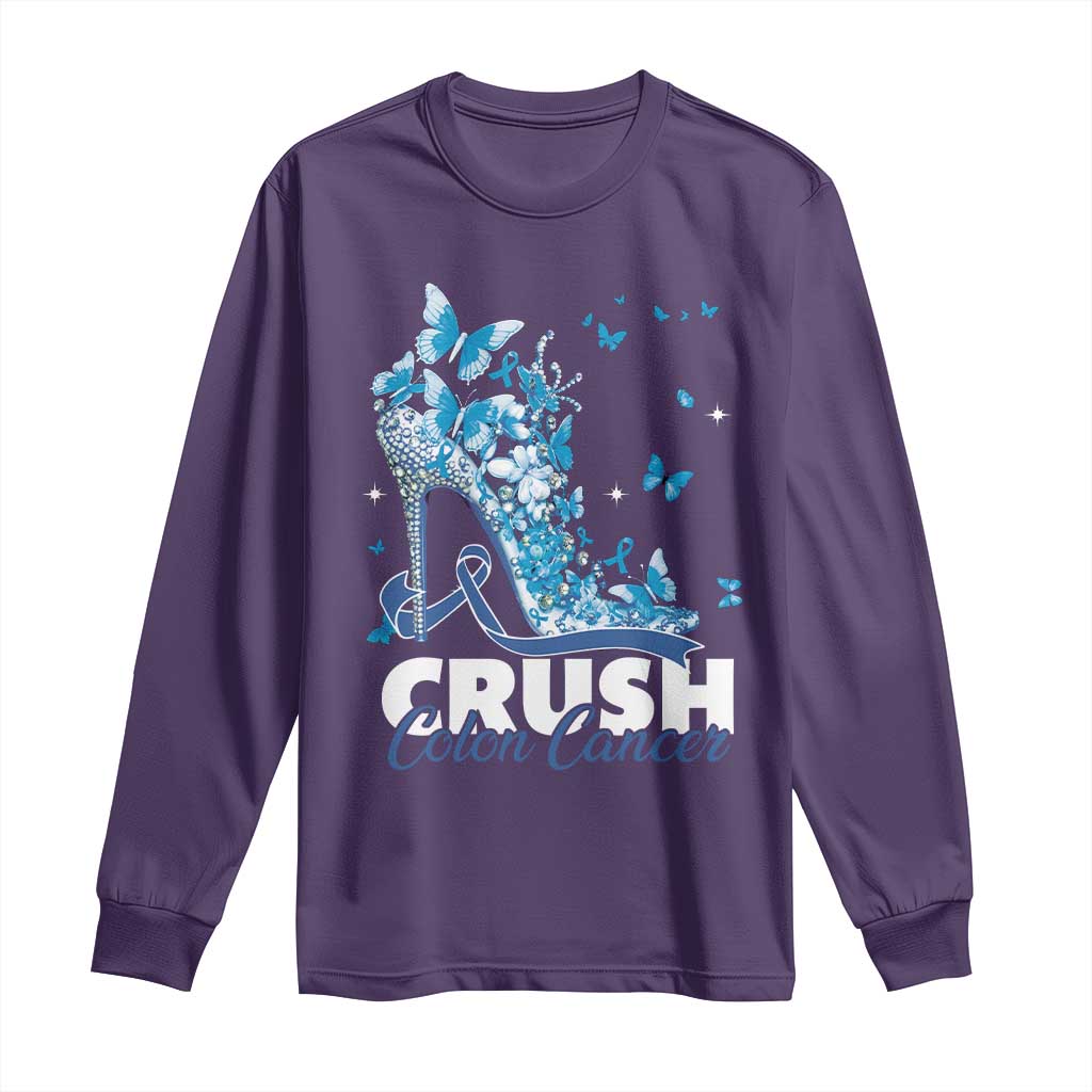 Crush Colon Cancer Long Sleeve Shirt Colorectal Cancer Support Bling Blue Ribbon High Heel