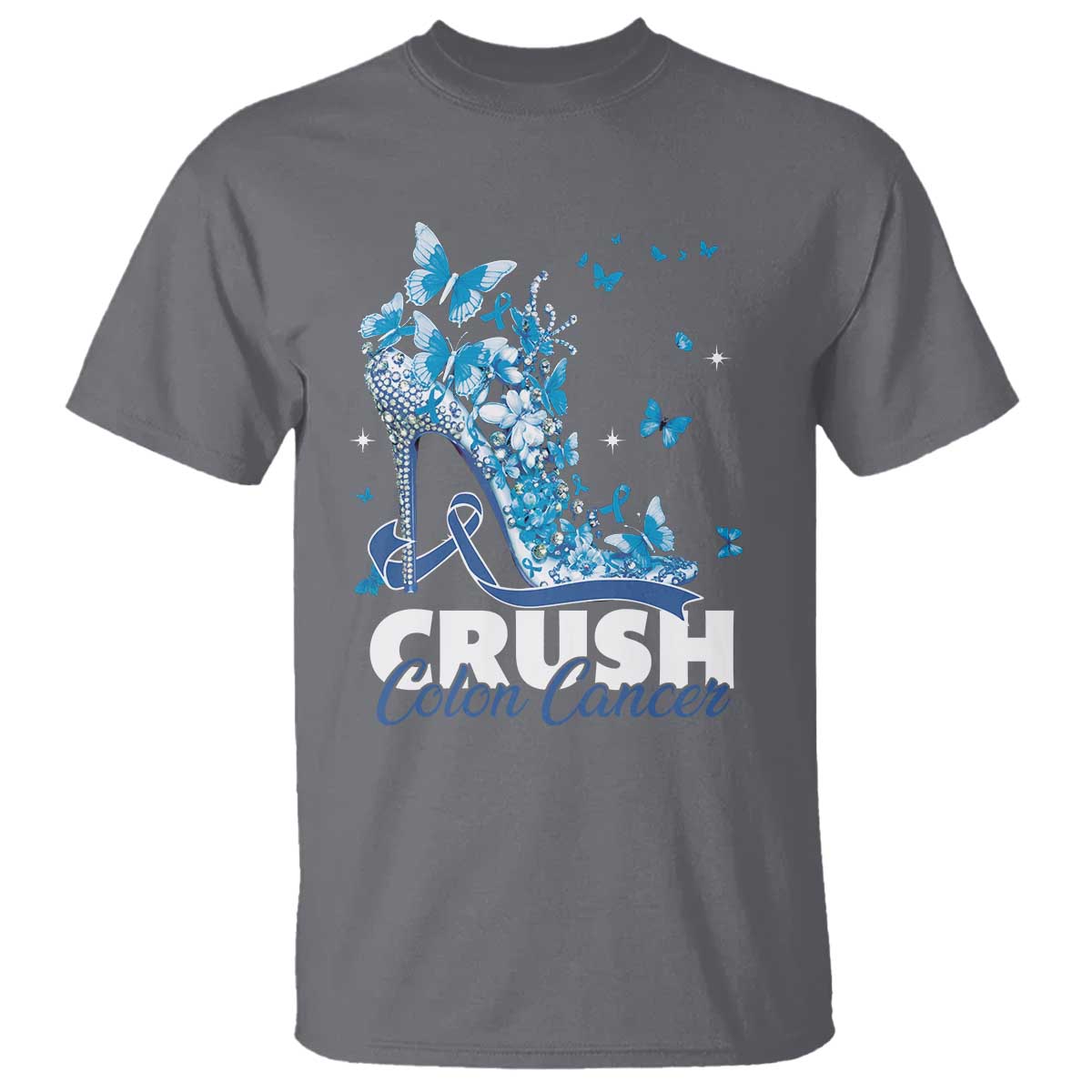 Crush Colon Cancer T Shirt Colorectal Cancer Support Bling Blue Ribbon High Heel