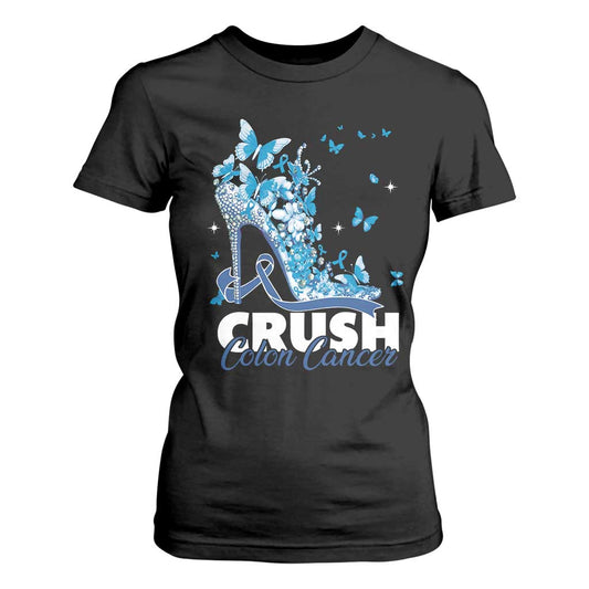 Crush Colon Cancer T Shirt For Women Colorectal Cancer Support Bling Blue Ribbon High Heel