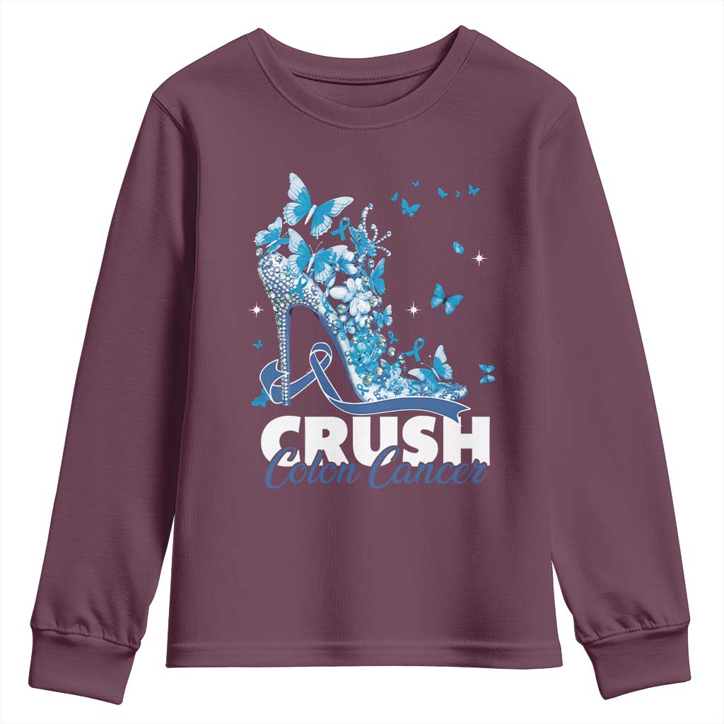 Crush Colon Cancer Youth Sweatshirt Colorectal Cancer Support Bling Blue Ribbon High Heel