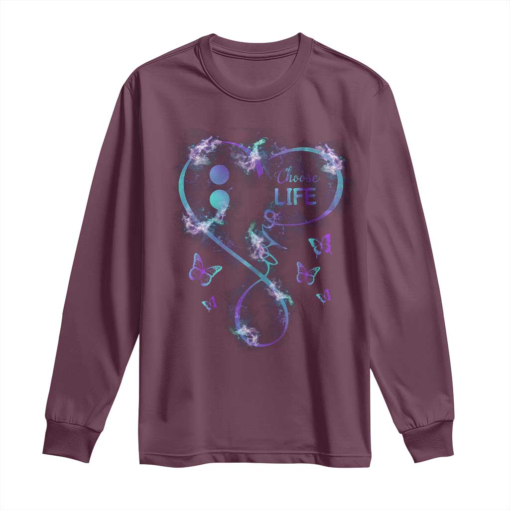 Suicide Prevention Support Long Sleeve Shirt Choose Life Love Heart Semicolon Butterfly