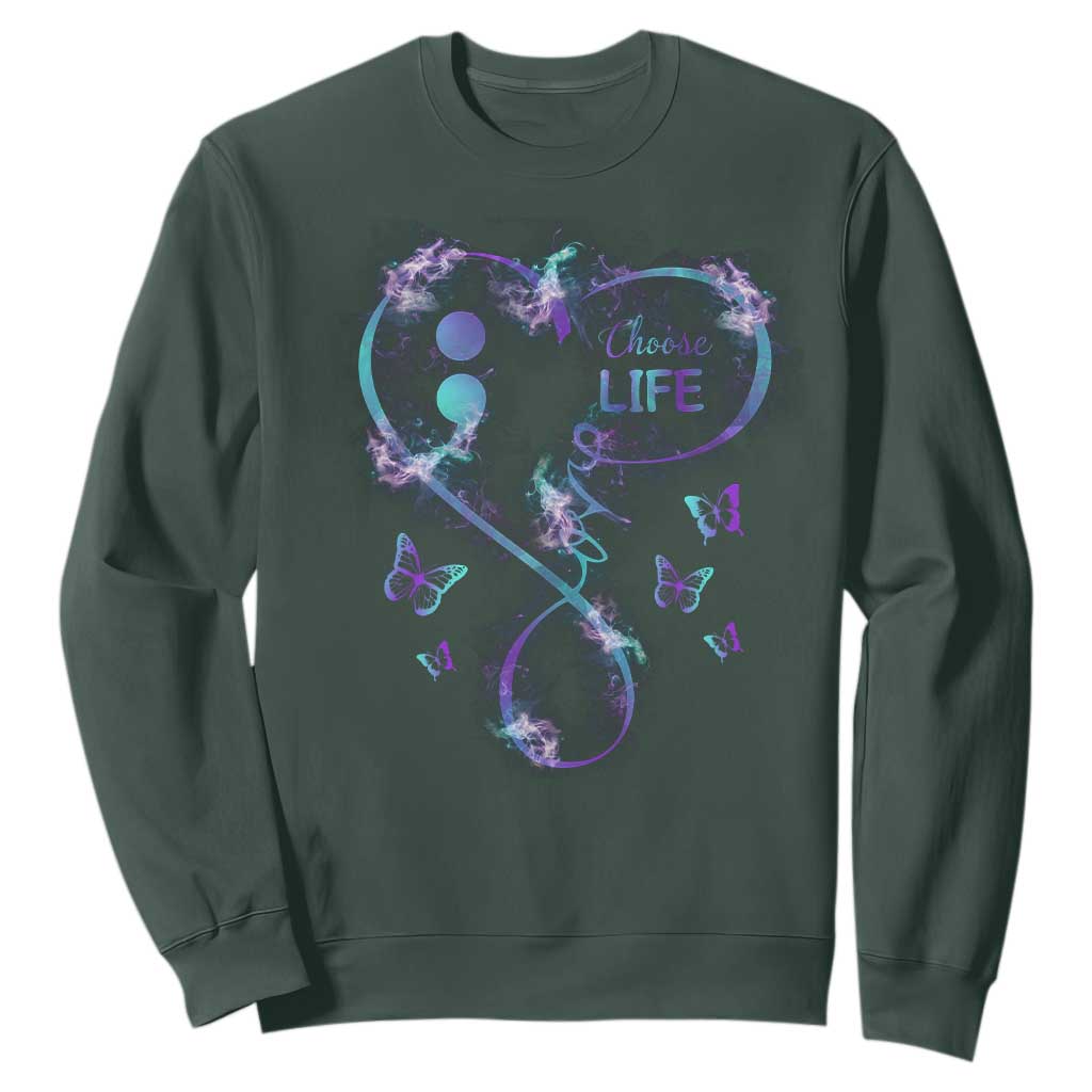 Suicide Prevention Support Sweatshirt Choose Life Love Heart Semicolon Butterfly