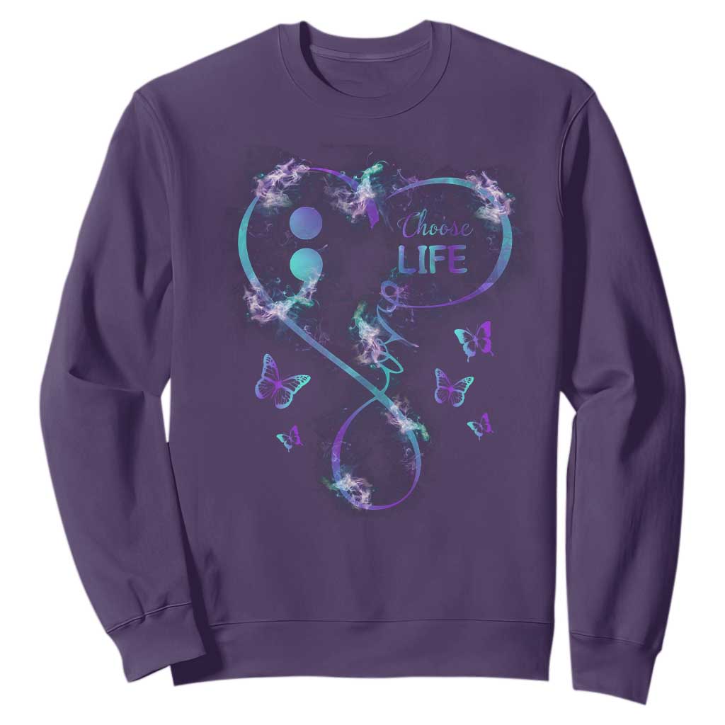 Suicide Prevention Support Sweatshirt Choose Life Love Heart Semicolon Butterfly
