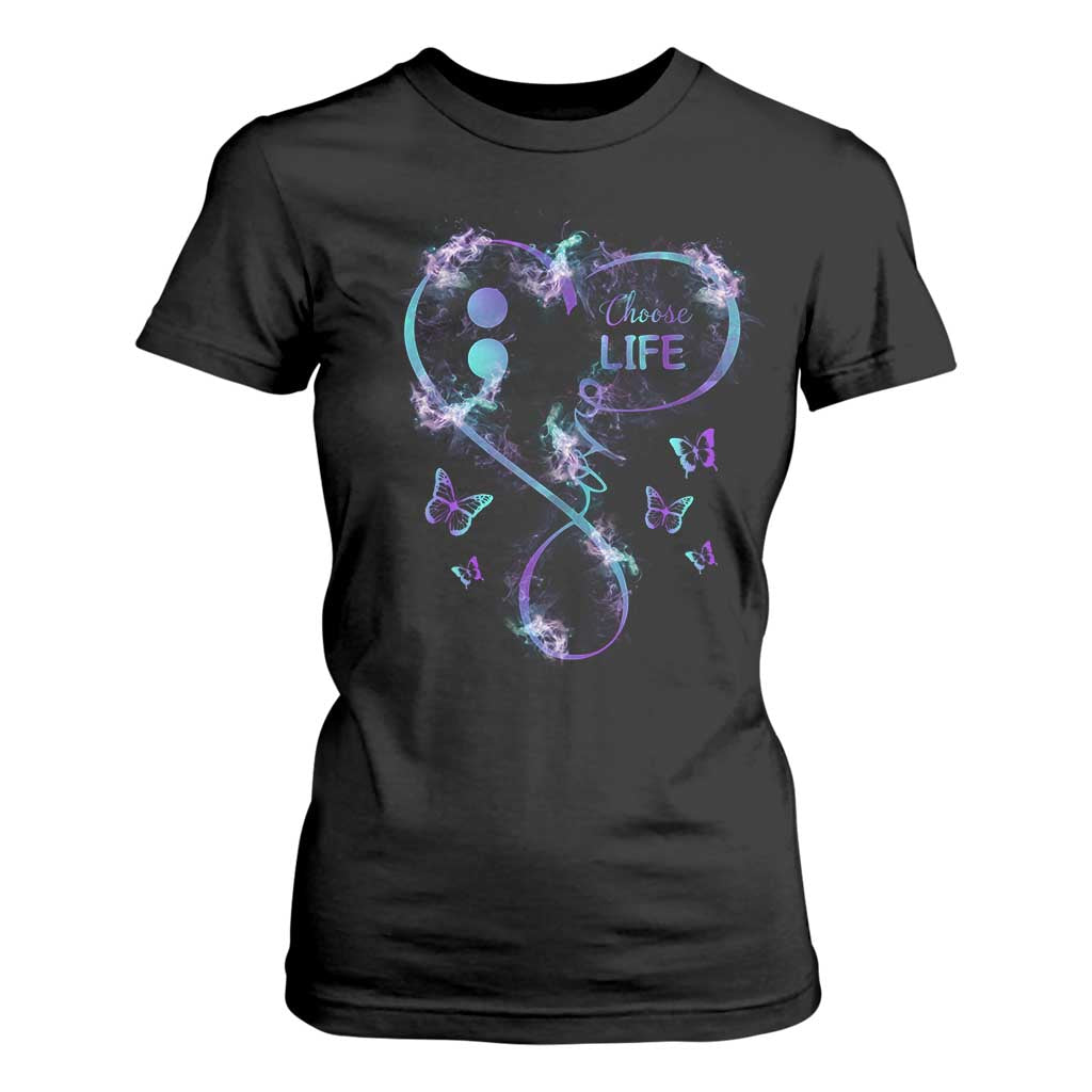 Suicide Prevention Support T Shirt For Women Choose Life Love Heart Semicolon Butterfly