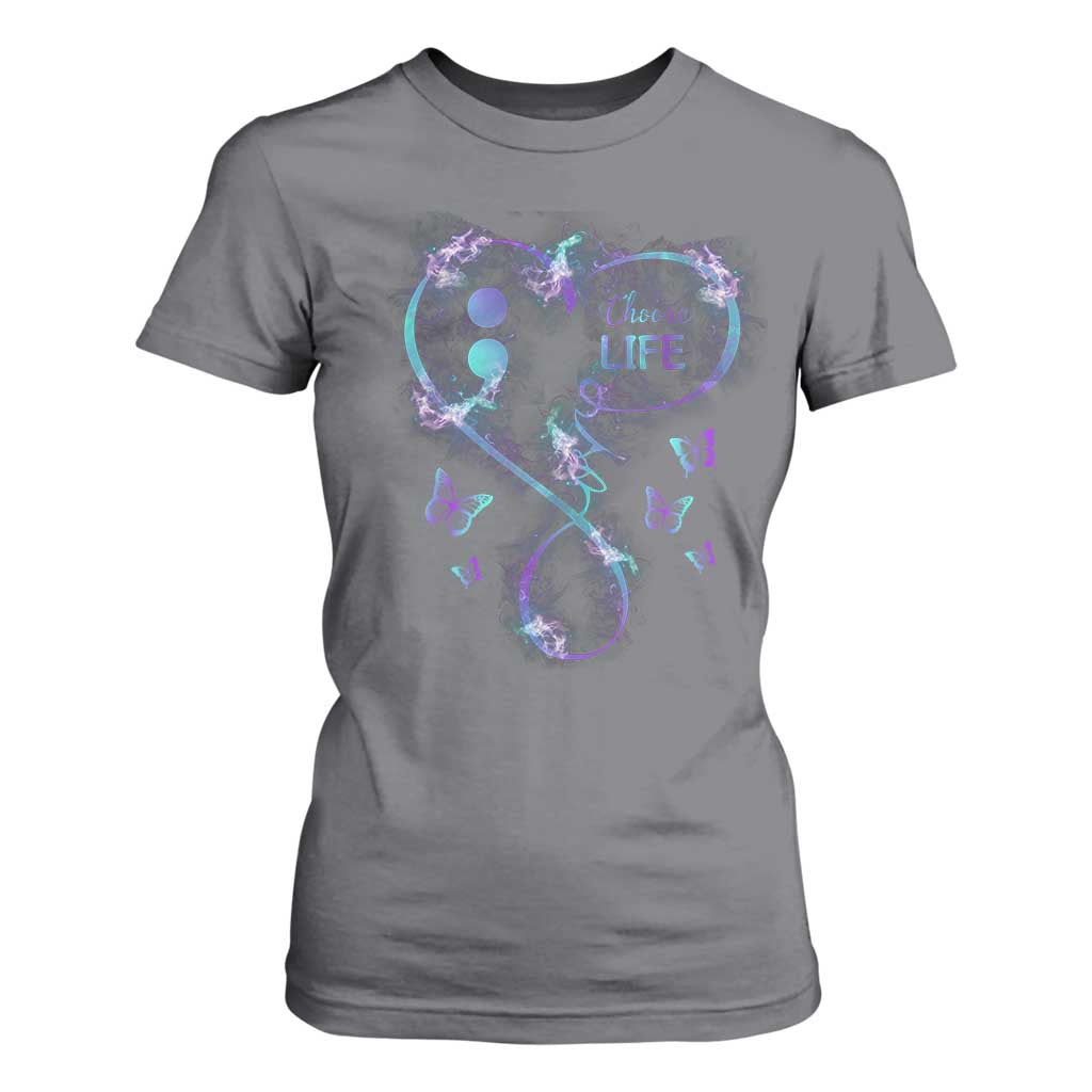 Suicide Prevention Support T Shirt For Women Choose Life Love Heart Semicolon Butterfly