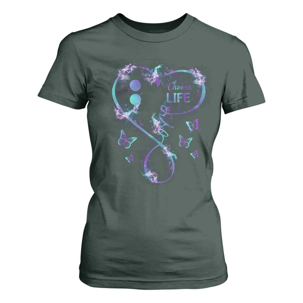 Suicide Prevention Support T Shirt For Women Choose Life Love Heart Semicolon Butterfly