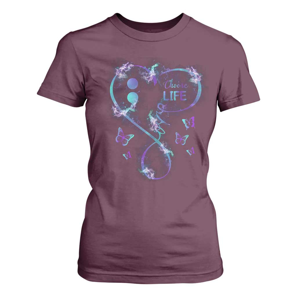 Suicide Prevention Support T Shirt For Women Choose Life Love Heart Semicolon Butterfly