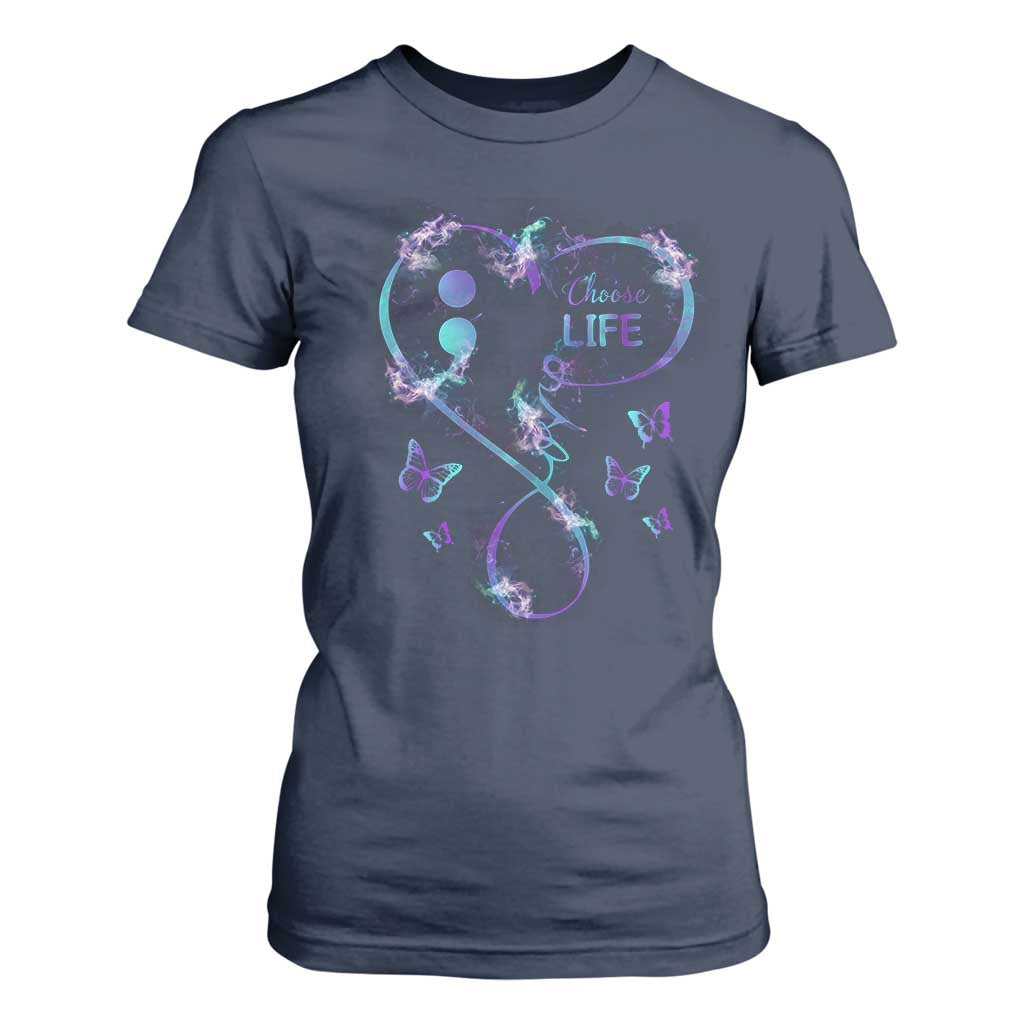 Suicide Prevention Support T Shirt For Women Choose Life Love Heart Semicolon Butterfly