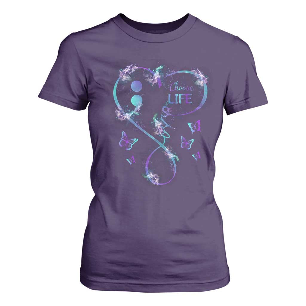 Suicide Prevention Support T Shirt For Women Choose Life Love Heart Semicolon Butterfly