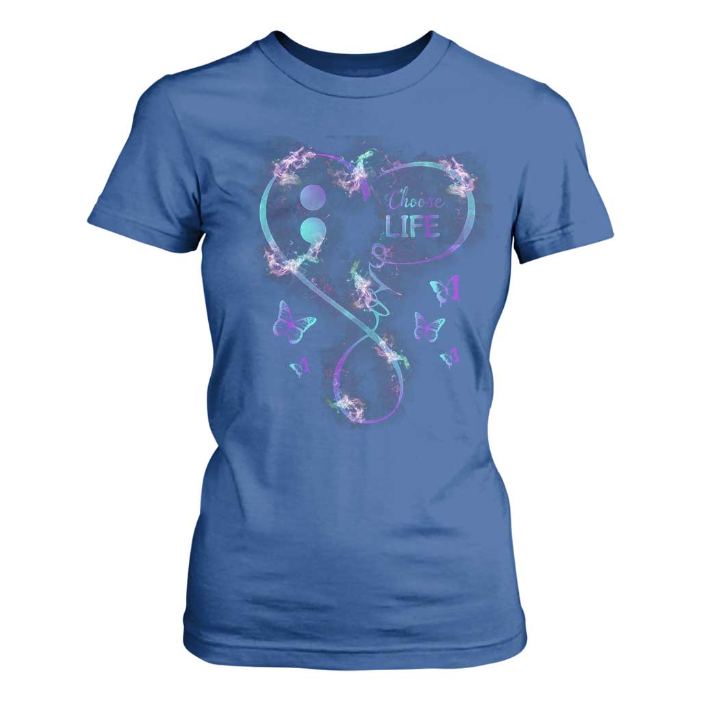 Suicide Prevention Support T Shirt For Women Choose Life Love Heart Semicolon Butterfly