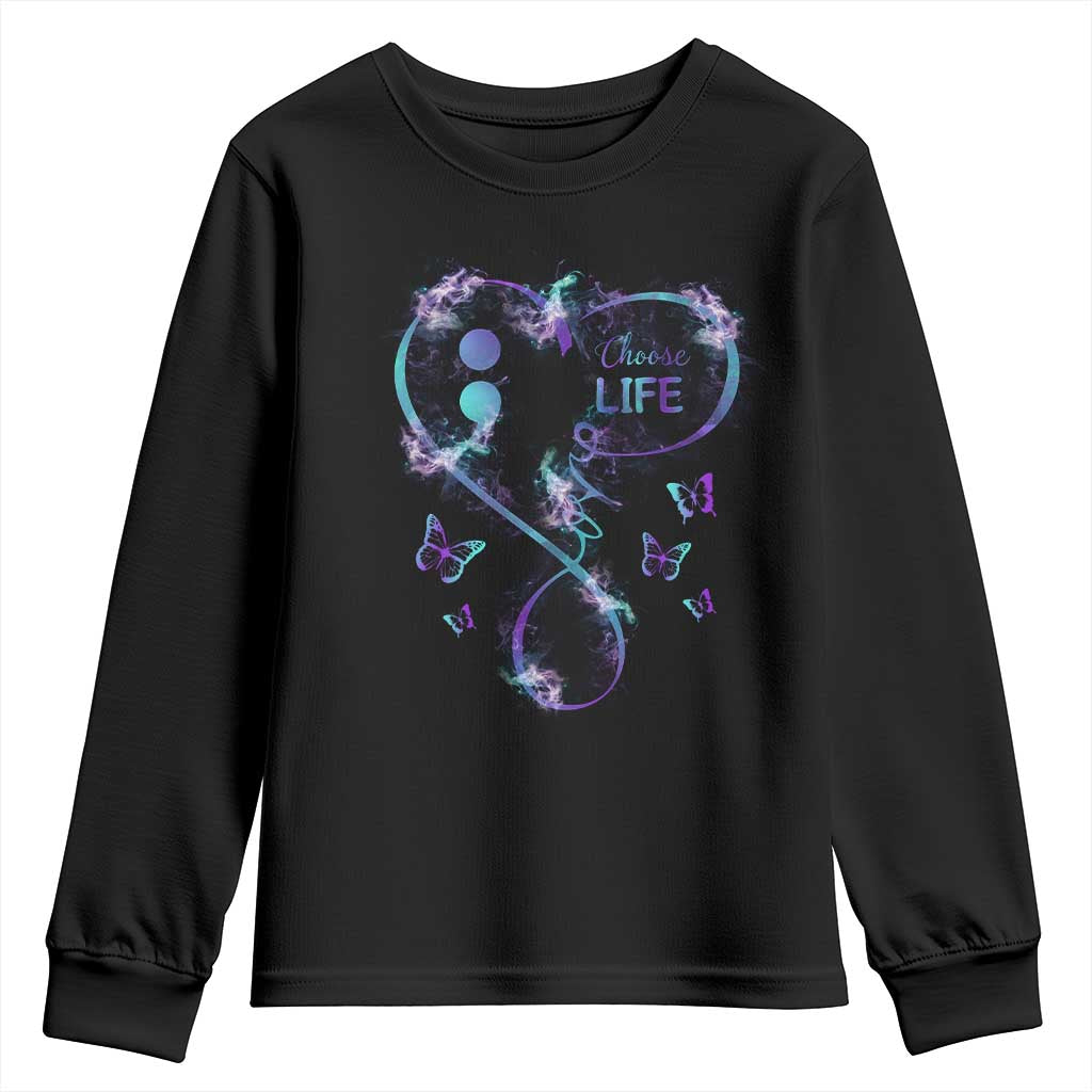 Suicide Prevention Support Youth Sweatshirt Choose Life Love Heart Semicolon Butterfly