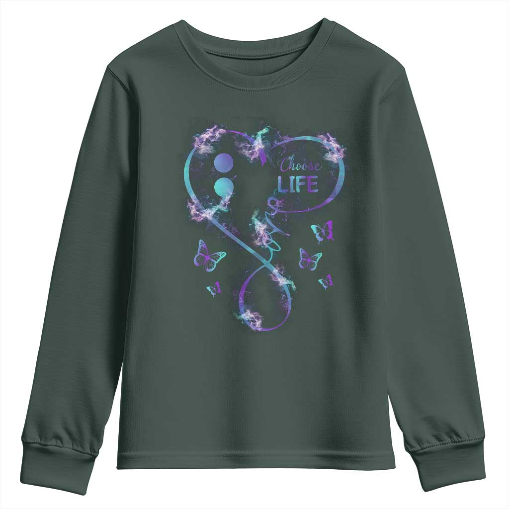 Suicide Prevention Support Youth Sweatshirt Choose Life Love Heart Semicolon Butterfly