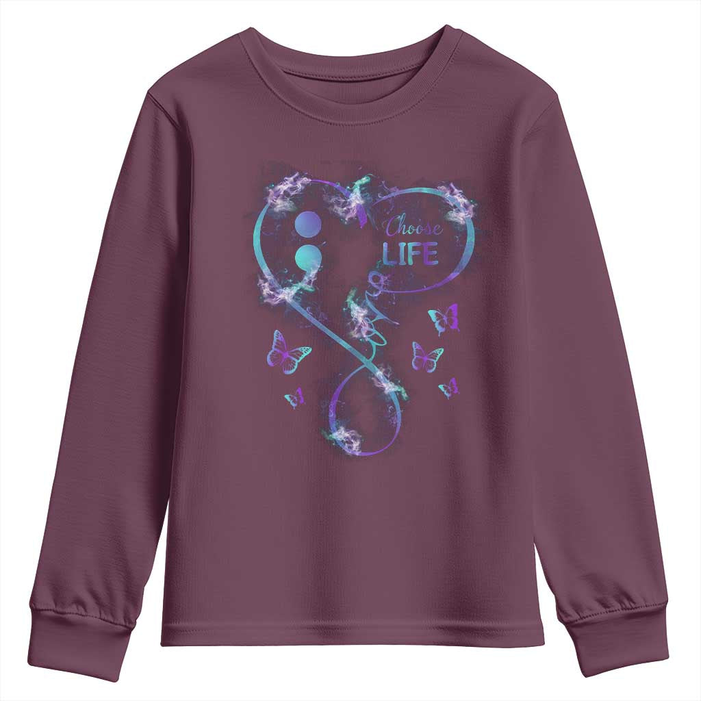 Suicide Prevention Support Youth Sweatshirt Choose Life Love Heart Semicolon Butterfly