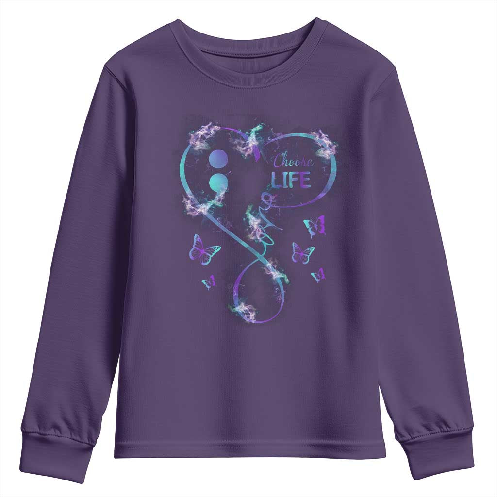 Suicide Prevention Support Youth Sweatshirt Choose Life Love Heart Semicolon Butterfly