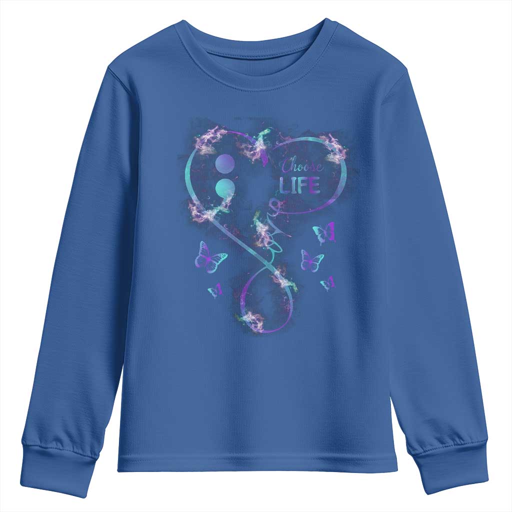 Suicide Prevention Support Youth Sweatshirt Choose Life Love Heart Semicolon Butterfly