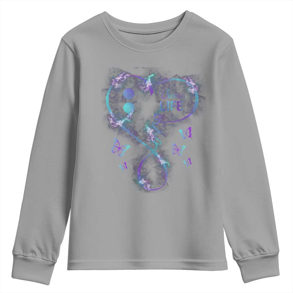 Suicide Prevention Support Youth Sweatshirt Choose Life Love Heart Semicolon Butterfly