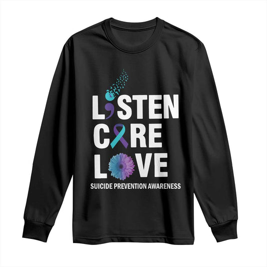 Suicide Prevention Support Long Sleeve Shirt Listen Care Love Semicolon Bird Flower Ribbon