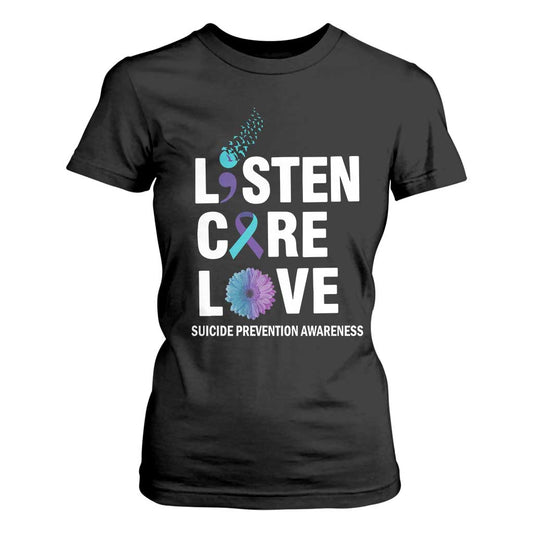 Suicide Prevention Support T Shirt For Women Listen Care Love Semicolon Bird Flower Ribbon