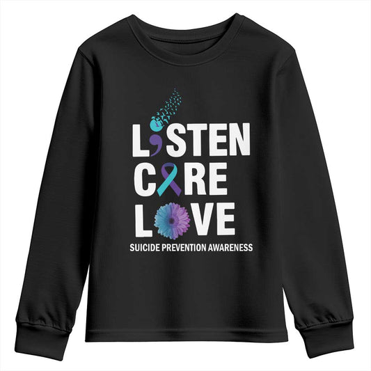 Suicide Prevention Support Youth Sweatshirt Listen Care Love Semicolon Bird Flower Ribbon