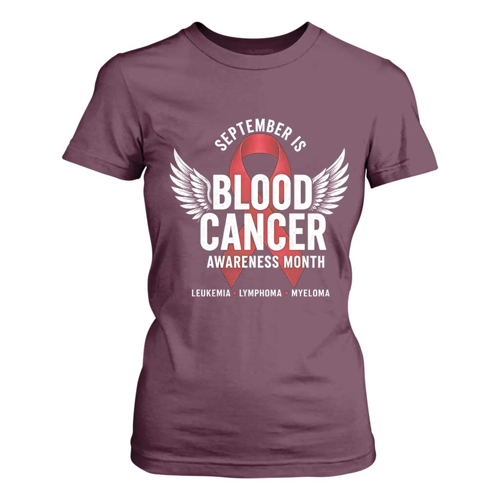 September Is Blood Cancer Support Month T Shirt For Women Leukemia Lymphoma Myeloma Red Ribbon