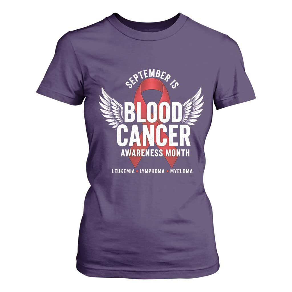 September Is Blood Cancer Support Month T Shirt For Women Leukemia Lymphoma Myeloma Red Ribbon