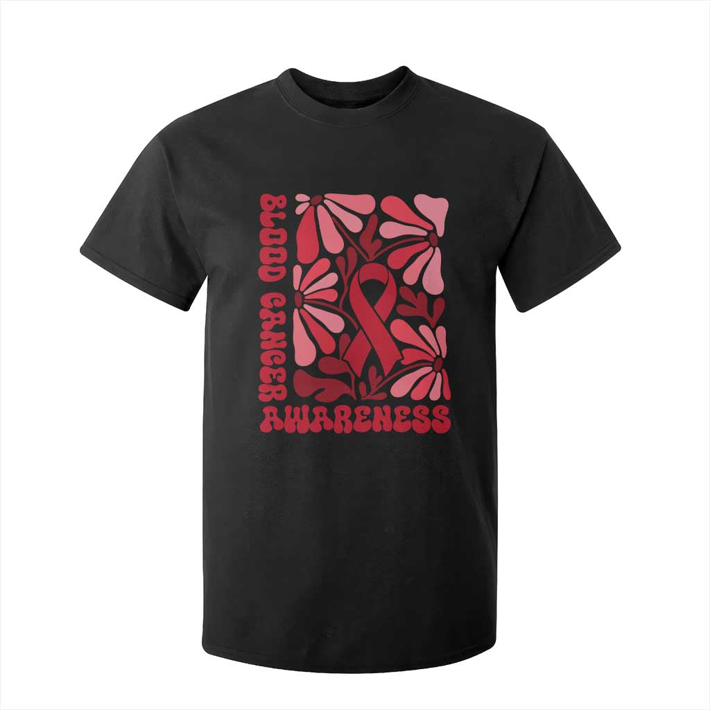 Blood Cancer Support T Shirt For Kid Red Ribbon 60s 70s Retro Groovy Flower