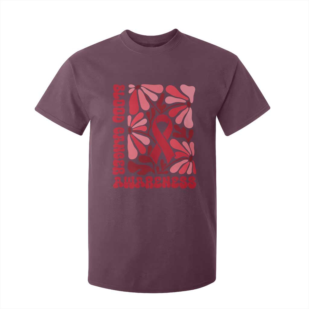 Blood Cancer Support T Shirt For Kid Red Ribbon 60s 70s Retro Groovy Flower