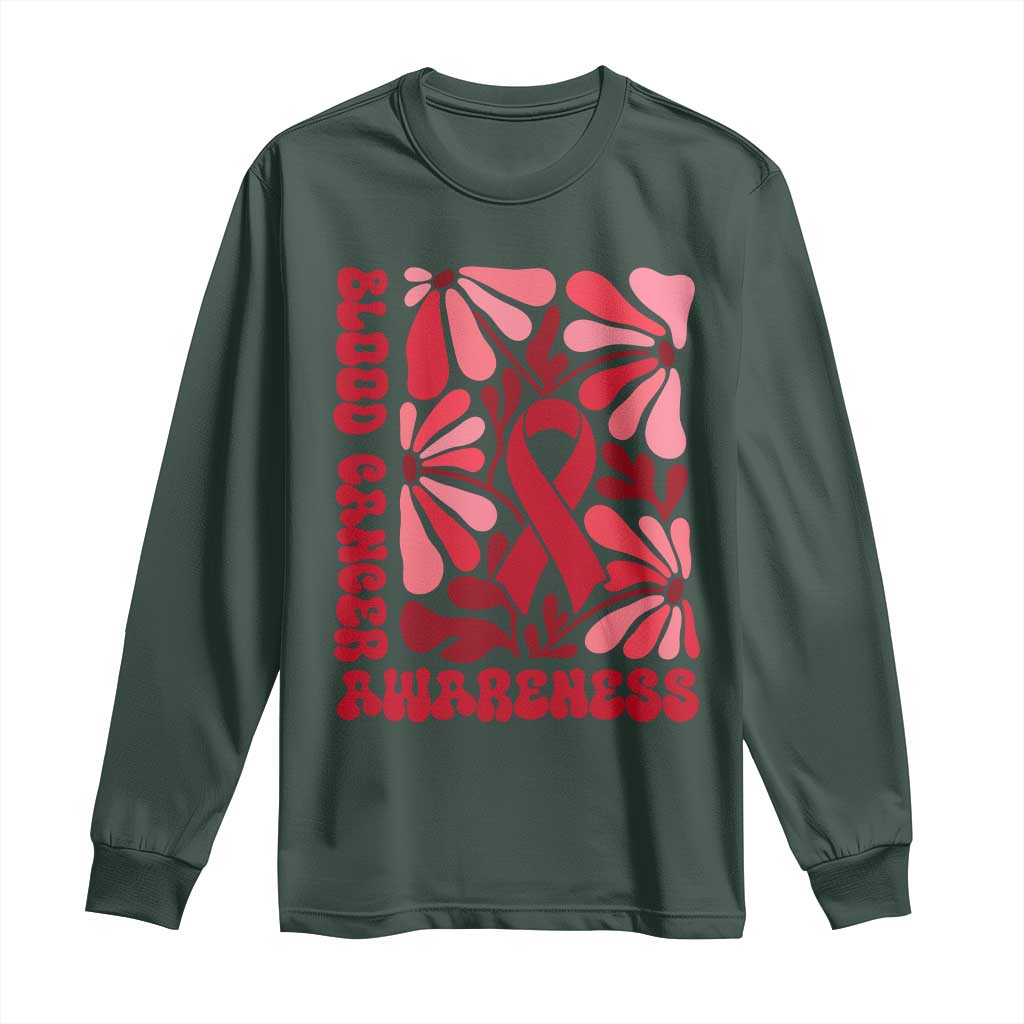 Blood Cancer Support Long Sleeve Shirt Red Ribbon 60s 70s Retro Groovy Flower