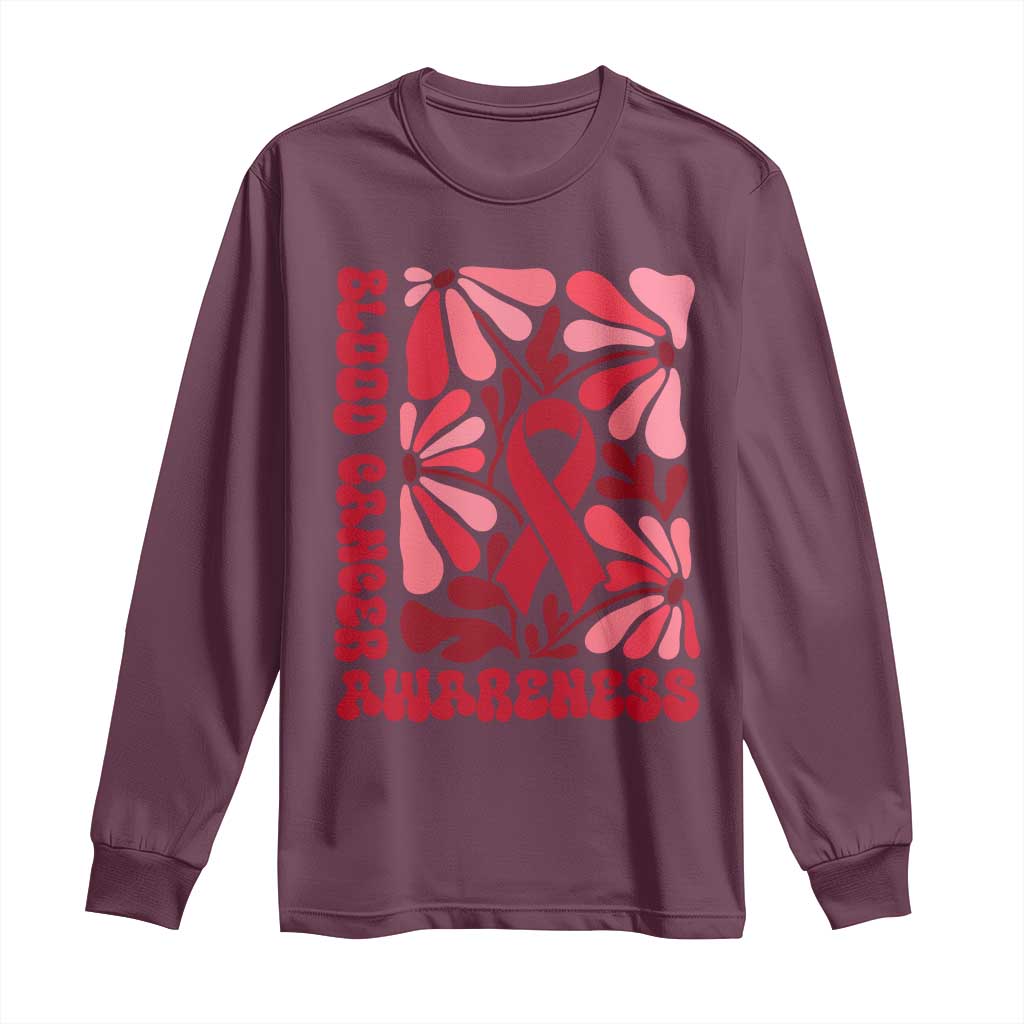 Blood Cancer Support Long Sleeve Shirt Red Ribbon 60s 70s Retro Groovy Flower