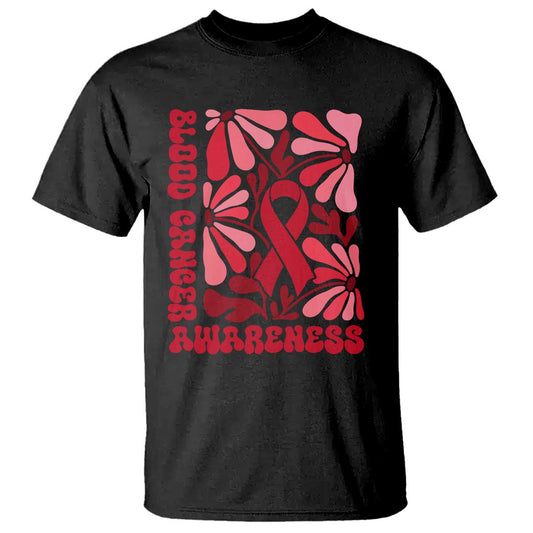 Blood Cancer Support T Shirt Red Ribbon 60s 70s Retro Groovy Flower