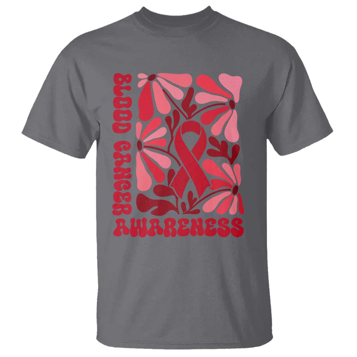 Blood Cancer Support T Shirt Red Ribbon 60s 70s Retro Groovy Flower