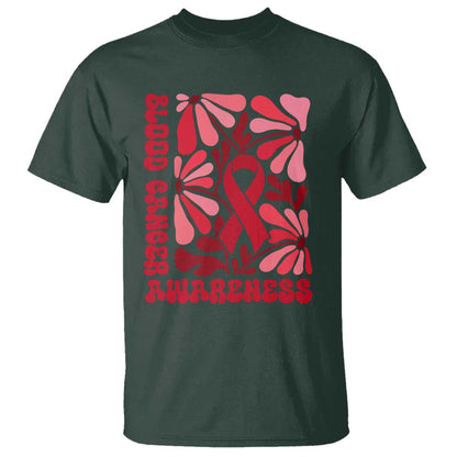 Blood Cancer Support T Shirt Red Ribbon 60s 70s Retro Groovy Flower